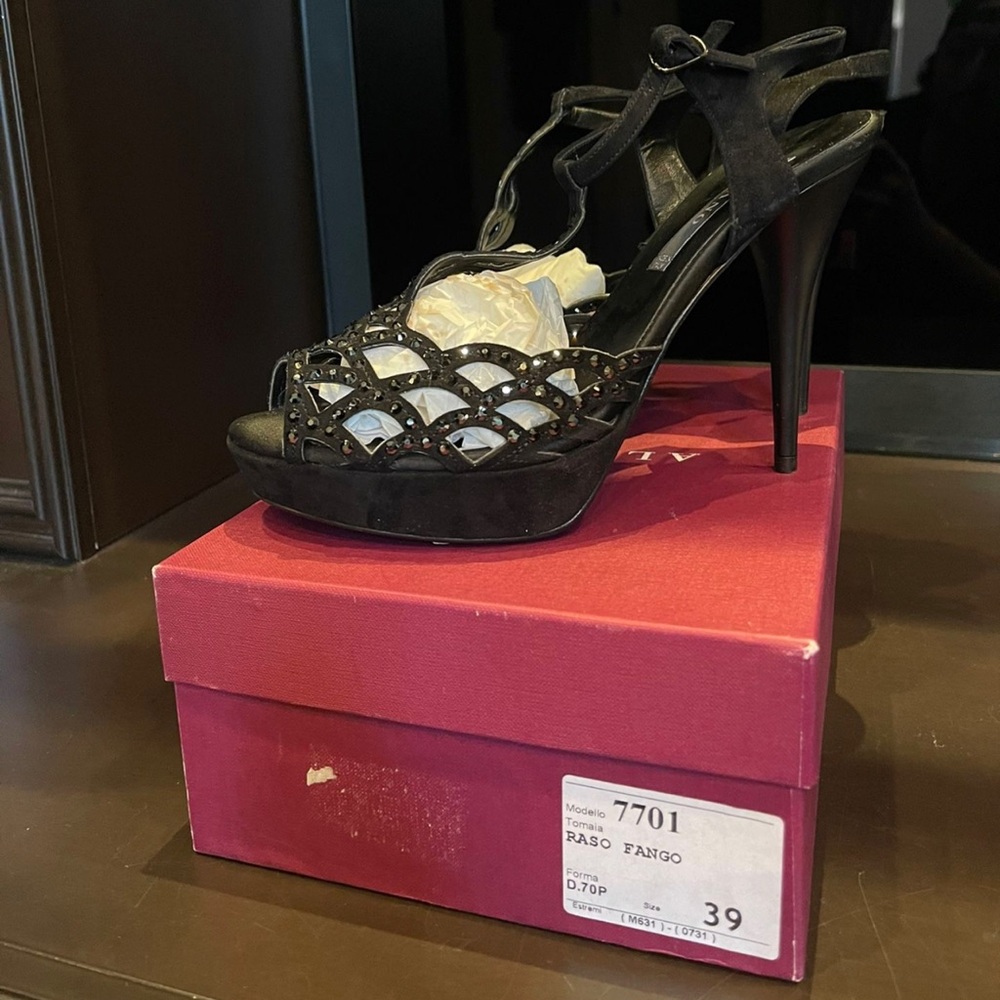 Black Suede Swarovski Crystal Italian Stiletto Shoes heels Italy